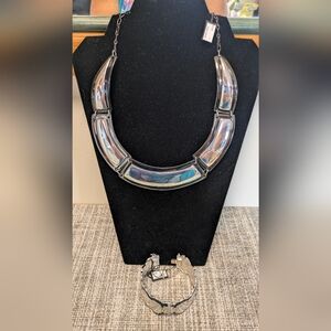 Silver Chunky Statement Necklace and Bracelet Set Necklace 17 In Bracelet 7 In